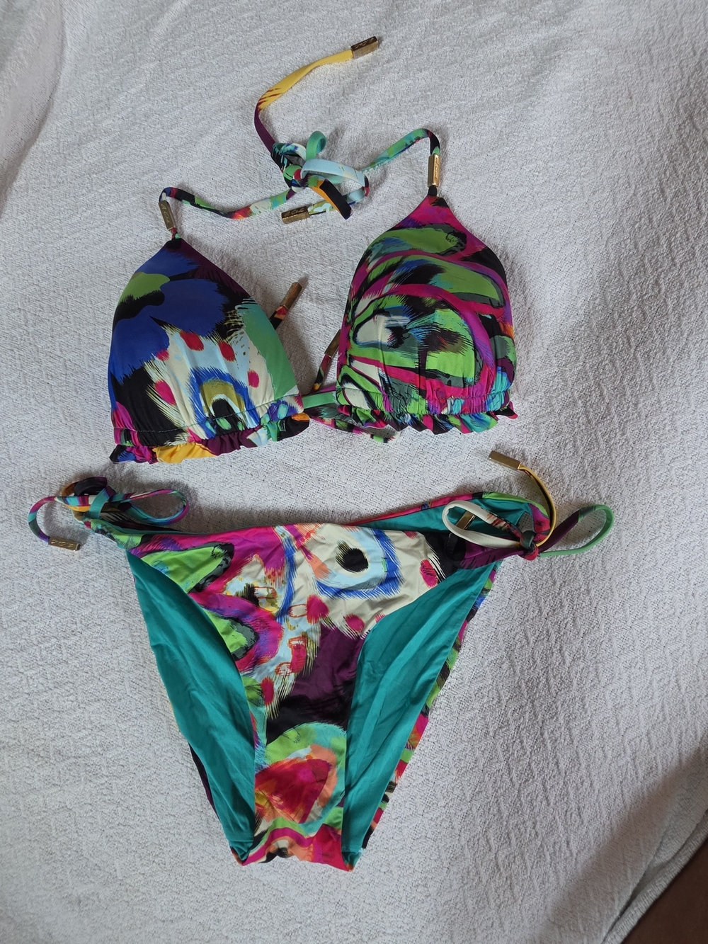 Bright Multicolor Tie-Strap Bikini with Teal Accents